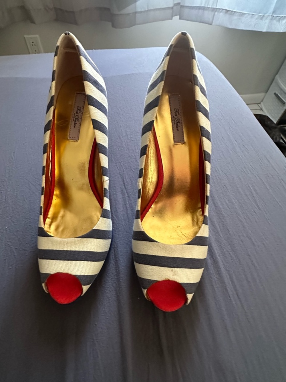 Ted Baker London Navy & White Striped Peep-Toe Pumps with Red Accent